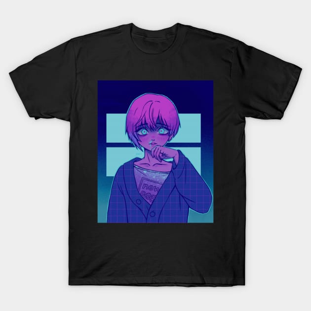 Neon, Anime, Cyan Blood, Pink hair, Digital Painting T-Shirt by Dream.Mori